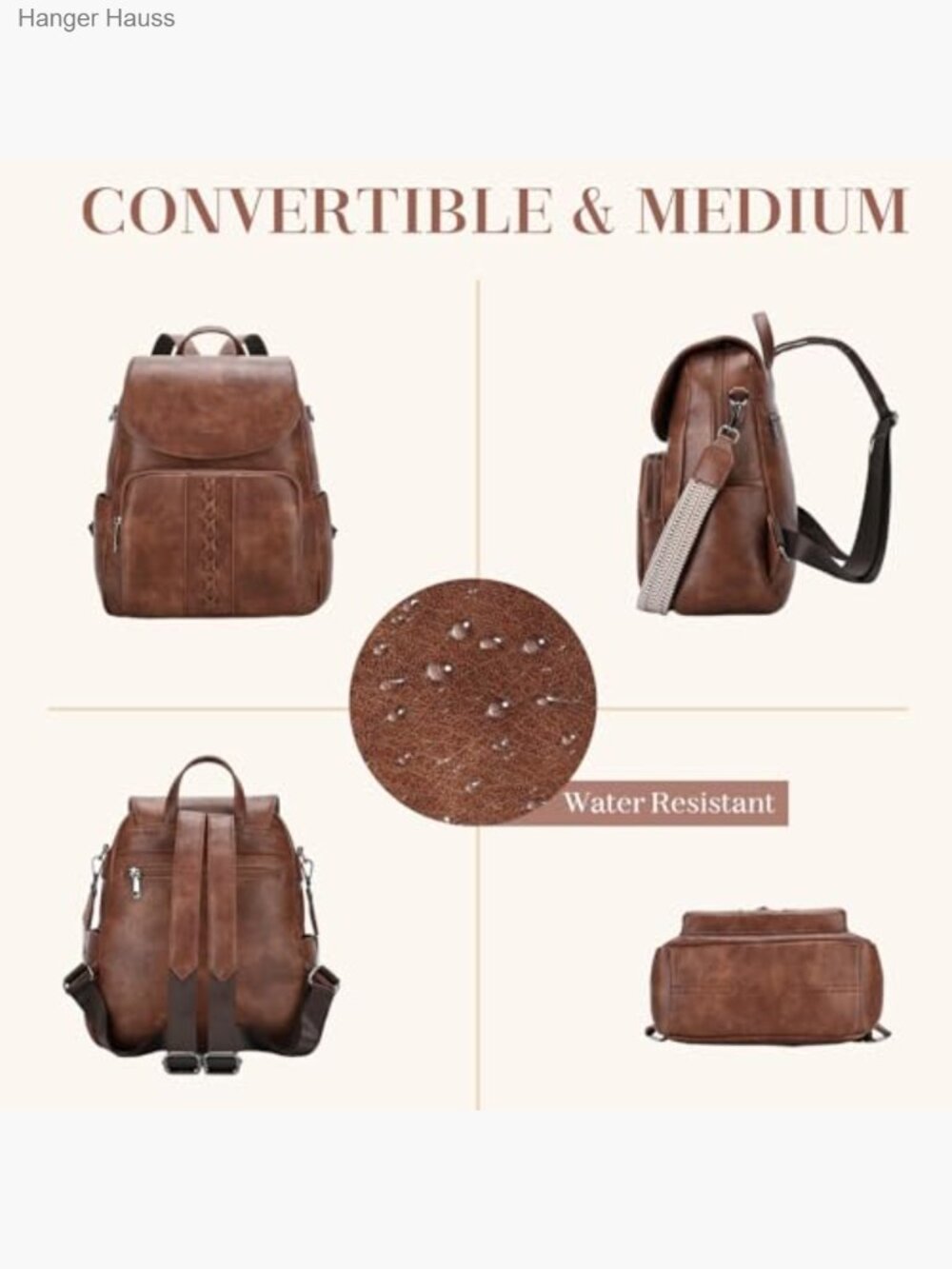 Vegan Leather Flap Backpack Convertible Handbag with Guitar Strap - Picture 6 of 6